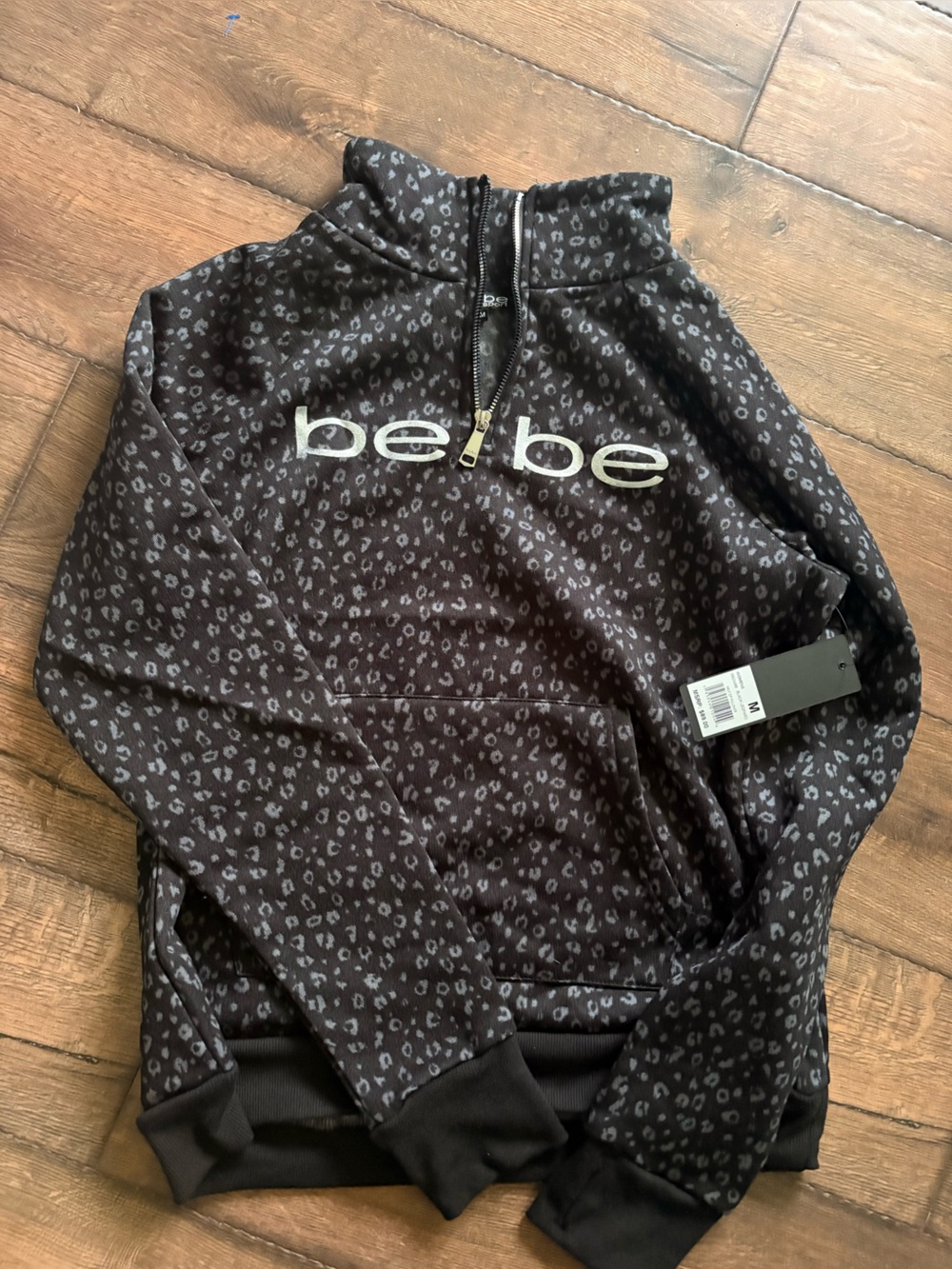 bebe Black & Gray Leopard Print Half-Zip Hoodie